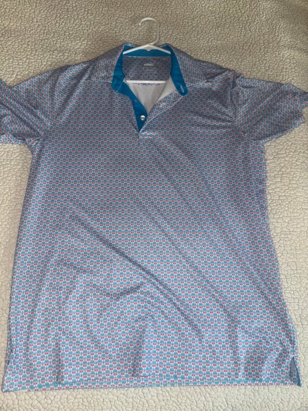 Puma Men's Medium Teal Pink Palm Tree Print Golf Polo Like New